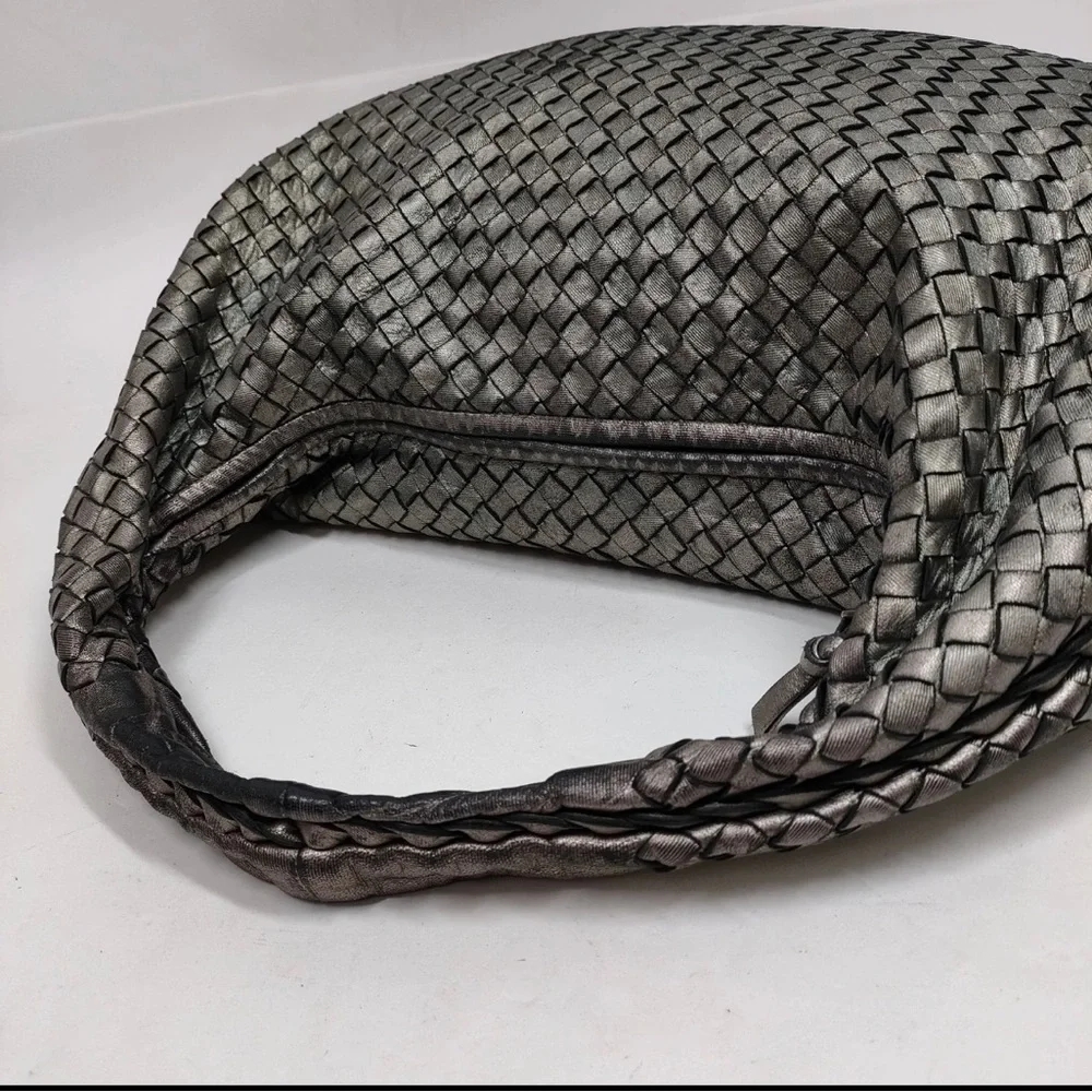 Bottega leather  Veneta Metallic Silver Intrecciato Hobo Bag